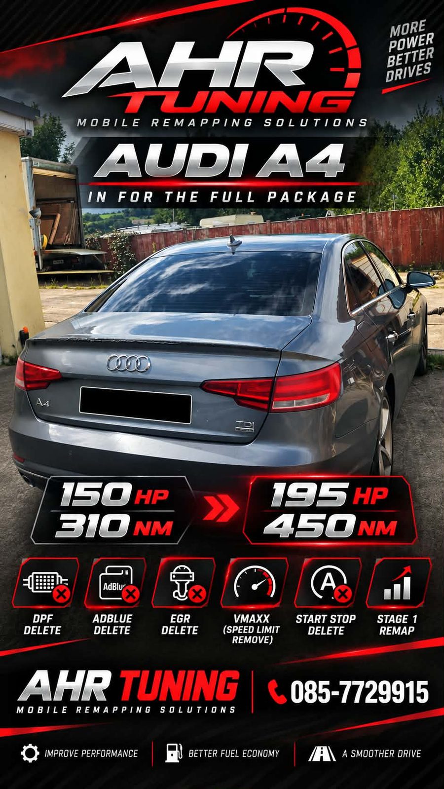 Grey Audi A4 TDI saloon photographed from behind at AHR Tuning, in for a Stage 1 remap: 150hp and 310Nm to 195hp and 450Nm
